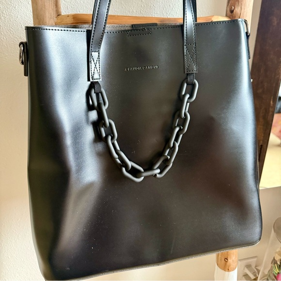Black Faux Leather Chain Shoulder Strap Tote Bag Purse Goth - Picture 4 of 5
